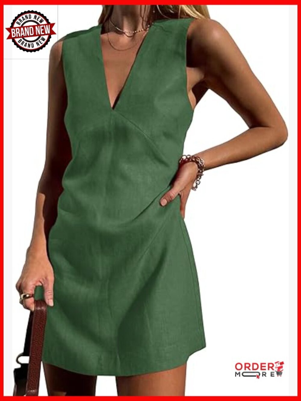 V Neck Sleeveless Mini Dress Cotton Linen Sundress A Line Tank Dress